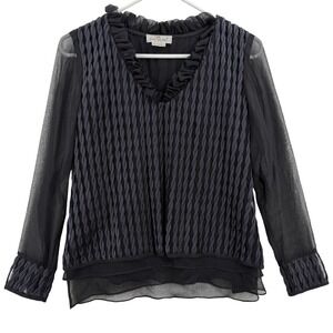 Jean Michel Blouse Shirt Womens Small Black Sheer Ruffle V Neck Textured Pleated